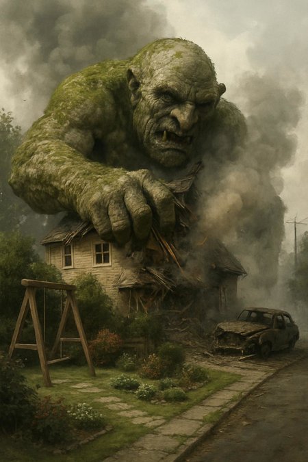 a terrifying giant stone troll covered in moss, its menacing head visible, crushing a house with its massive hand, amidst a detailed garden with a swing, a street with a wrecked car, with significant smoke and dust billowing from the destruction, hyper realistic style