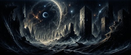 when the master shakes the heavens, 
when the luminaries hide, 
we call upon the absolute, 
tainted skies, 
when the wind repeats the motion, 
and the raging sea abides, 
we gaze upon the shadows, 
in a tainted sky, james webb space telescope, nebula, <lora:james_webb_space_telescope-flux-by_motimalu:0.32> <lora:style-veil_of_darkness-flux-by_donmischo:0.52> <lora:style-dark_landscapes-flux-by_andreac75:0.96> <lora:style-fantastic_landscapes-flux-by_artifyai:0.96> <lora:image_enhancer-flux-by_dever:1.0>
