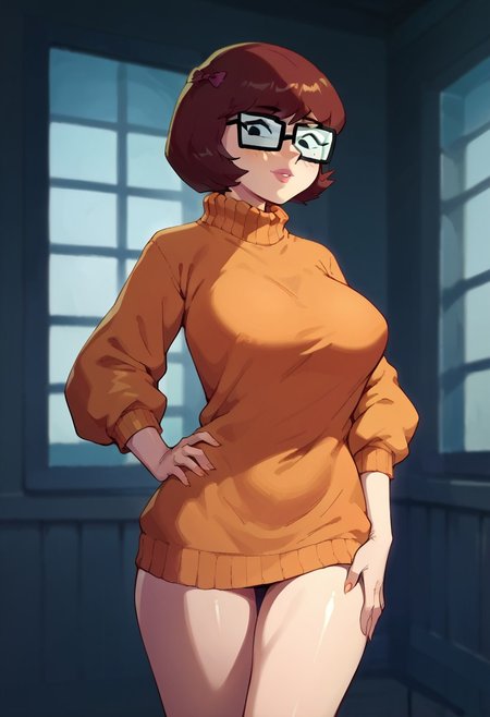 score_9, score_8_up, score_7_up, score_6_up, source_cartoon, 1girl, solo, 
large breasts, sexy hips, shiny skin, 
delscoob, velma, large breasts, sweater, hand on hip, looking at viewer