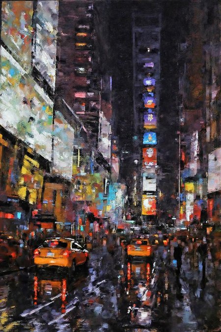 marklague1 painting.
A vibrant city scene at night filled with colorful advertisements and billboards. Reflections of the lights are visible on wet pavement. The scene includes tall, densely packed buildings. Cars are running on the wet pavement with their reflections. <lora:marklague1_cap_d8a4e12:1.0><lora:855117894655177859:0>