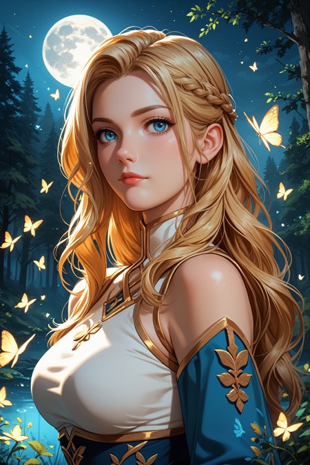 score_9, score_8_up, score_7_up,
<lora:VPFreya:0.8>
VPFreya, 1girl, long hair, blonde hair, blue eyes, looking at viewer, glowing golden butterflies, at night, forest, moon