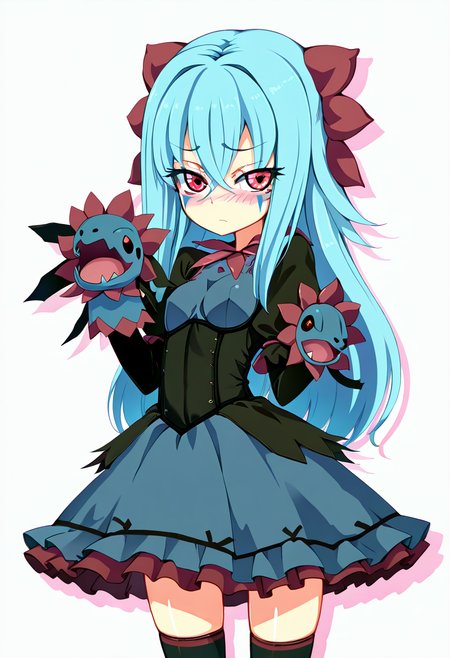 masterpiece, best quality, 1girl, solo, eyelashes, (beautiful eyes),     10s, 1girl, black socks, blue hair, blush, facial mark, female focus, cowboy shot, gen 5 pokemon, gothicl, hand puppet, hydreigon, kneehighs, zzLFashion, frilled dress, frills, bow, dress, long hair, moemon, nintendo, personification, pokemon, pokemon bw, puppet, red eyes, sazandora, simple background, socks, solo, thighhighs, white background, zettai ryouiki      ,<lora:HomuraSubaruNAI:1.0>,