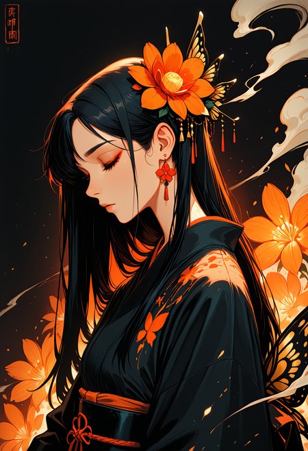 masterpiece, best quality, good quality, very awa, very aesthetic, absurdres, newest, 1girl, solo, long_hair, black_hair, hair_ornament, closed_mouth, jewelry, upper_body, closed_eyes, flower, earrings, japanese_clothes, hair_flower, kimono, from_side, eyelashes, sash, profile, makeup, obi, black_background, bug, red_flower, animal_print, butterfly, eyeshadow, smoke, butterfly_hair_ornament, black_kimono, obijime, orange_flower, obiage, orange_theme, butterfly_print, ink drawing, opill, gr4ph1t3,