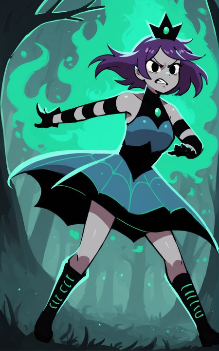 score_9, score_8_up, score_7_up,((best quality)), absurdres, <lora:BolivanteStyle:0.8>, <lora:NPATPXL:0.8>,NPATPXL,grey skin, black crown, dress, multicolored dress, gloves, striped, turtleneck, 1girl, solo, bare shoulders, purple hair, sleeveless, boots, angry, action pose, night, forest, green fire, black eyes