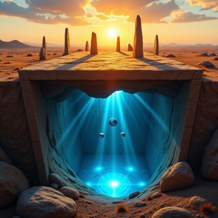M1CR0CUB3D, aidmafluxpro1.1, A cubed desert plateau dotted with standing stones arranged in perfect celestial alignment. Atop the surface, runic monoliths cast long shadows during sunset. Beneath, a crystal cave with suspended orreries slowly rotates above a mirrored floor. Lighting is soft and gold above, radiant blue glow below. Style: mystic realism, dusty oranges and lapis blues, wide focal plane to emphasize vertical split.