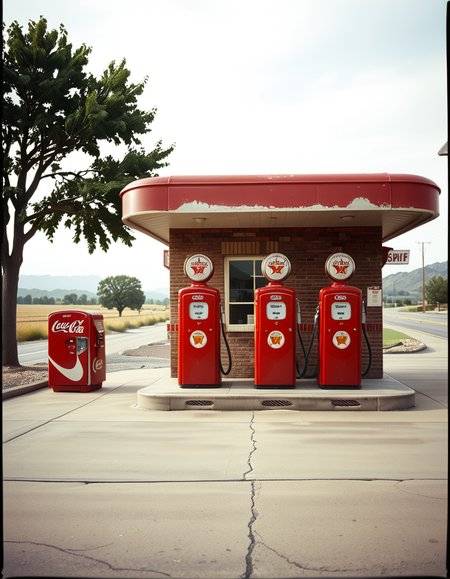 A realistic vintage photograph of a 1950s American gas station with no people present. The small brick building has a flat roof with a wide canopy extending over two classic red gas pumps from the 1950s, featuring chrome details, round meters, spiral hoses, and retro branding like "Texaco" or "Shell".The ground is old concrete with cracks and oil stains. Beside the station, there's a vintage Coca-Cola vending machine and a hand-painted wall sign that reads âDrive Safely!â. The sky is lightly overcast, casting soft shadows and a nostalgic mood. In the background, leafy trees, distant low hills, and an empty country road stretch into the distance. The photo has a slightly faded, desaturated color palette with warm vintage tones and a subtle grain, mimicking the look of 1950s Kodak film photography. The overall atmosphere is calm, quiet, and deeply nostalgic.
<lora:SDXLFaeTastic2400:0.4> <lora:extremely_detailed:0.4> extremely detailed, <lora:1950s_American_gas_st4t10n:1>,1950s American gas st4t10n, Masterpiece,best quality,hi res,8k,hi res,8k,award winning,(sharp focus, intricate, highly detailed),