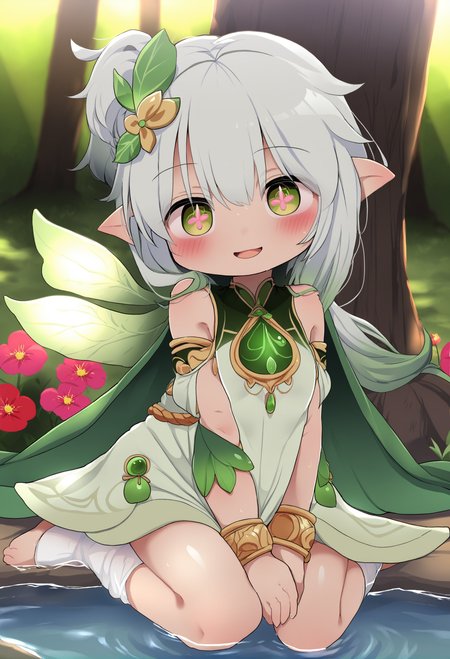 masterpiece, hyper detailed, best quality,(furry:1.3),1girl, green gemstone, solo, dress, multicolored hair, flower, nahida \(genshin impact\), gradient hair, white dress, green eyes, long hair, gem, sleeveless dress, white hair, hair ornament, sitting, looking at viewer, sleeveless, jewelry, crystal, pointy ears, smile, bracelet, bangs, side ponytail, colored tips, white socks, sidelocks, tree, green hair, hair between eyes, cross-shaped pupils, nature, open mouth, wariza, :d, leaf hair ornament, outdoors, plant, butterfly, short dress, blush, detached sleeves, bare shoulders, two-tone hair, bug, yokozuwari, cape, symbol-shaped pupils, full body, green cape, white bloomers, water, red flower, toeless legwear, gold trim, bloomers, short sleeves  ,<lora:DAGASIXLlokr8f-000188:0.95>