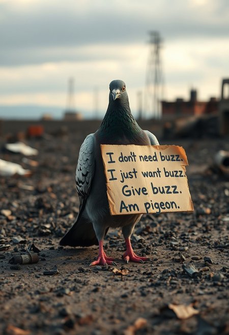 In a scorched and battered apocalyptic wasteland one pigeon stands alone, clutching in its wings a tattered cardboard sign reading 'I don't need buzz I just want buzz. Give buzz. Am pigeon.'