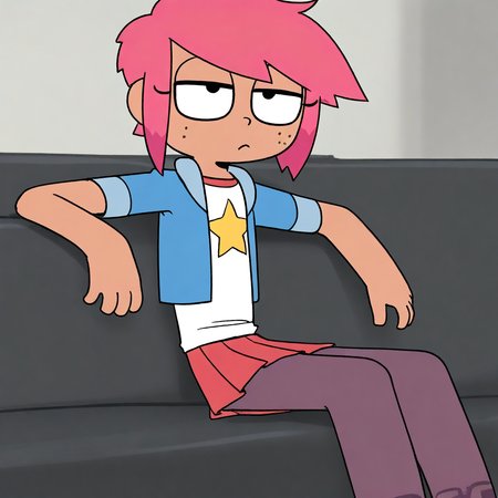 masterpiece, best quality, solo, gi_bo, 1girl, pink hair, short hair, freckles. shirt, star_(symbol), jacket, skirt, pantyhose, sitting, sofa