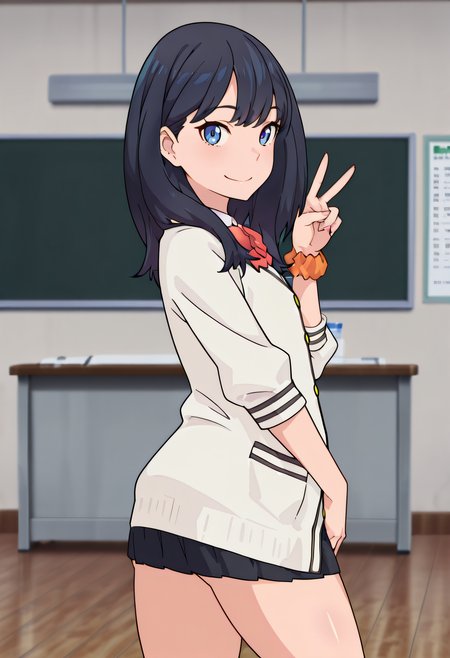 masterpiece, best quality, amazing quality, very aesthetic, absurdres,

1girl, solo, 

1girl, rikka takarada,black hair,long hair,blue eyes,

school uniform,white shirt,white cardigan,red bowtie,black skirt,one side wrist scrunchie,

Standing, smile, looking at viewer, from behind,

V, v hands,

Lecture room background, 

