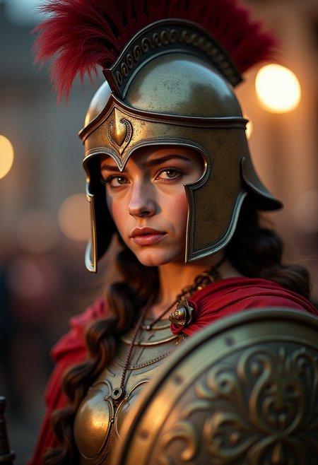 (masterpiece:1.4), (best quality:1.3), (very aesthetic:1.2), (absurdres:1.1), (hyperdetailed:1.05), 8k, ultra-HD, high detail,  depth of field, (realistic), highres, newest, detailed_eyes, subject_focus, outdoors, night time,
1girl, ((wearing ancient Rome armor)), detailed background, bronze body armor, bronze helmet with red panache, bokeh, sword and shield, solo focus, dynamic pose, close up,