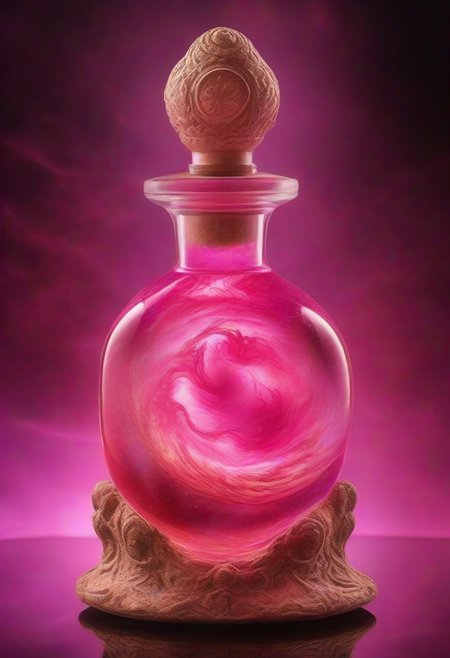 Score_9, Score_8, Photorealistic magic potion, intricate glass bottle, vibrant swirling pink colors, ethereal light, wax seal, cork, dynamic reflections, magical aura, highly detailed, fantasy essence, glowing particles, radiant aura