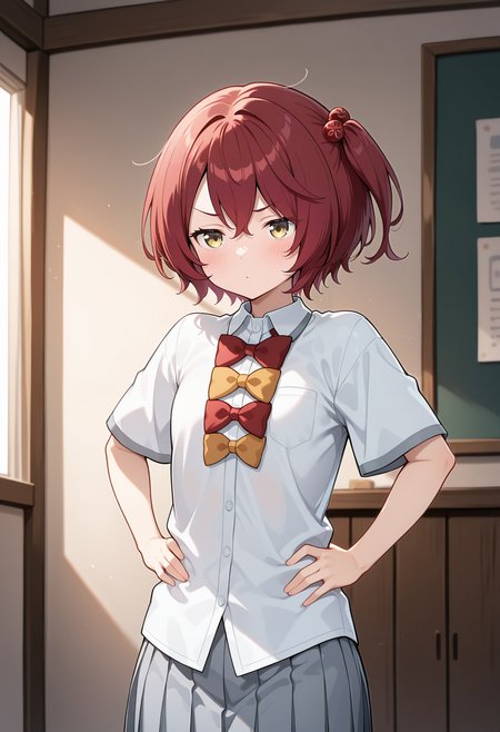 aakomari, short hair, red hair, one side up, hair bobbles, school uniform, red bow, yellow bow, collared shirt, white shirt, untucked shirt, short sleeves, pleated skirt, grey skirt, <lora:komari_chika_ilxl_v1:0.9>, solo, standing, cowboy shot, indoors, hands on own hips, pout,
ultra-detailed, masterpiece, newest, best quality