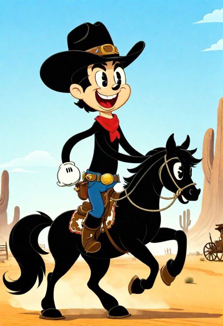 (rubber_hose_character:1.1) <lora:RubberHose_Characters_SDXL_v1:1.3>, cartoon, a mean-looking cowboy in a black hat, riding a black horse, in the desert, in front of an old western town