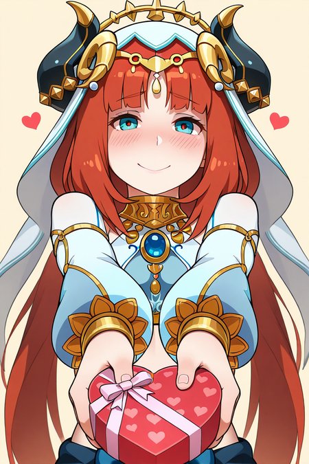 masterpiece, best quality, amazing quality,
1girl, solo, pretty, nilou, looking at viewer, outstretched arms, holdind, heart shape box, blush, shy smile, simple background,
 <lora:Gorobots_IL:1> gorobots,
