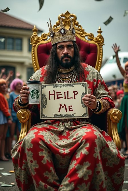 Create a highly dramatic and ironic image of a person dressed as a medieval beggar, but with a modern twist. They are holding a golden, jewel-encrusted 'Help Me' sign while sitting on a throne made of dollar bills. In the background, there's a luxury mansion and a private jet parked on a runway. The person has a exaggerated sad face, but they're also wearing a diamond-encrusted crown and holding a Starbucks coffee. Surround them with a crowd of people throwing money at them, but the people are dressed as clowns. The overall tone should be absurd, over-the-top, and humorous, with a touch of sarcasm.