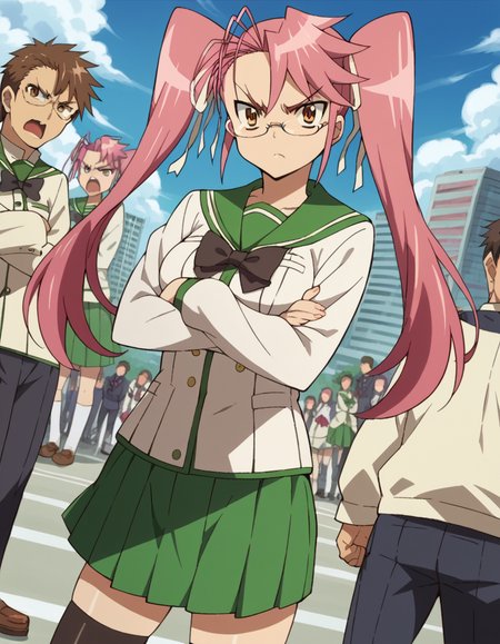 score_9, score_8_up, score_7_up, source_anime,
sayatakagi, <lora:saya-takagi-ponyxl-lora-nochekaiser:1>,
saya takagi, long hair, ribbon, twintails, brown eyes, hair ribbon, pink hair, glasses, angry, shouting,
skirt, thighhighs, school uniform, serafuku, zettai ryouiki, green skirt, bowtie, long sleeves, black thighhighs, black bowtie,
outdoors, cityscape, zombies, crowd, people, crossed arms,
looking at viewer, cowboy shot, dutch angle,
