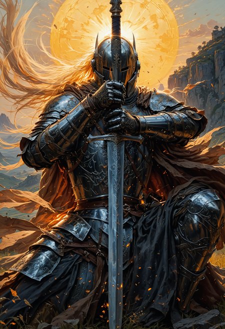 A courageous knight, in the final throes of his life, rests on his sword in a field as the sun sets, his eyes fixed on a distant cliff. His battle-worn armor is blemished and corroded, his once gleaming sword now worn from combat. This breathtaking tableau, likely a painting, captures the melancholy beauty of the scene. The knight's posture exudes valor and resignation, while the fading light and rugged landscape create a poignant backdrop. The artist's skill in portraying the knight's struggle and the fleeting nature of life is evident in every brushstroke.
OverallDetailXL <lora:SDXLFaeTastic2400:0.4> <lora:DetailMaximizer:0.55> detailmaximizer
