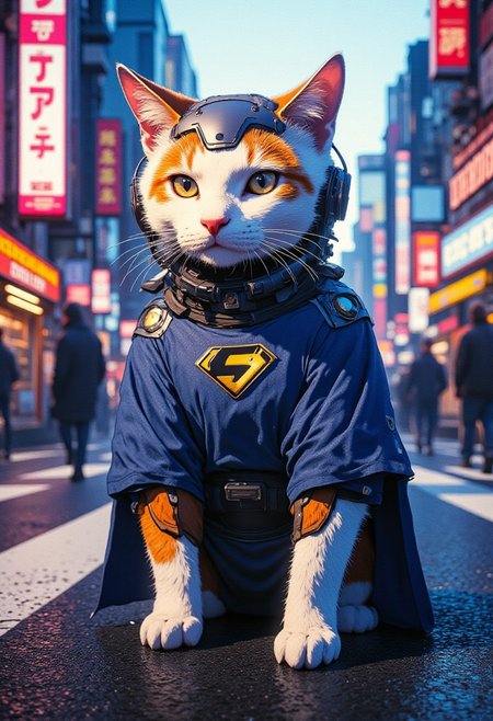 A portrait of a white and orange cat wearing a blue super hero outfit with a super hero mask.  sitting on a tokyo street. 
Cinematic lighting, volumetric lighting, 8k quality