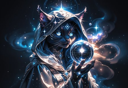 high quality, score_9, score_8_up, source_7_up, very aesthetic, high resolution, newest, depth of field, volumetric lighting, (masterpiece, best quality, ultra-detailed, High detailed), beautiful face,  absurdres, masterpiece, best quality, amazing quality, masterpiece,best quality,amazing quality, 8k, 
BREAK 
((1 cat)), black fur, silver eyes, 
druid robe, flowing robes, glowing runes around,
floating, orb, crystal ball, hood up, paws holding orb,
galaxy inside orb, levitating, stardust,
surreal, detailed, rich_color_palette, light_and_dark, arcane, atmospheric, dreamlike, otherworldly, fantastical, galaxy,
dark background, night sky,