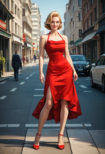 score_9, score_8_up, score_7_up, score_6_up,  <lora:WITRD-45-PDXL:0.9>dr3ss, beautiful woman, ((blonde sleek medium blonde hair)), smile, 1940s hair, fashion, full body, city street, wearing red dress, collarbone,  halter neck, sleeveless