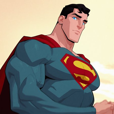 <lora:SUPERMAN_UNBOUND:1>superman_unbound, solo, short hair, blue eyes, black hair, 1boy, upper body, male focus,suggestive expression, clossed mouth, sugestive smile, sky, flexing 1 arm, cloud, cape, muscular, bodysuit, thick eyebrows, looking at viewer, muscular male, pectorals, cloudy sky, (from below:0.5), from side, large pectorals, sideburns, red cape, manly, superhero, green bodysuit, yellow sky, pectoral focus, outdoors, blue bodysuit, grey bodysuit, detailed background, motion blur, film grain, abstract, natural lighting, fantasy, cinematic, dynamic view, tilted angle, very awa, masterpiece, best quality, absurdres, newest, perfect quality, detailed background, intricate details,  (artist:fl \(l-fl\):0.7), (artist:tooboshoo:0.7), (artist:dizdoodz:0.8)