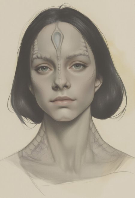 OBxiaoxiang,
This image is a digital illustration featuring a young female Cardassian alien with gray skin, forehead crest, neck ridges and scales, and black hair.
The style of the illustration is realistic with a soft, painterly quality, characterized by smooth transitions and a gentle blending of colors. The artist has used subtle shading and highlights to create a three-dimensional effect, enhancing the realism of the subject. The overall mood of the image is introspective and contemplative, capturing a moment of quiet reflection.