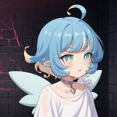 score_9, score_8_up, score_7_up, source_anime, anime screencap, masterpiece, insanely detailed, detailed background, zPDXL3, break, amy_(princess_connect), 1girl, wings, solo, ahoge, short hair, blue hair, multicolored hair, pointy ears,white dress,choker,(glitch), dungeon,chromatic aberration,dimesion break
