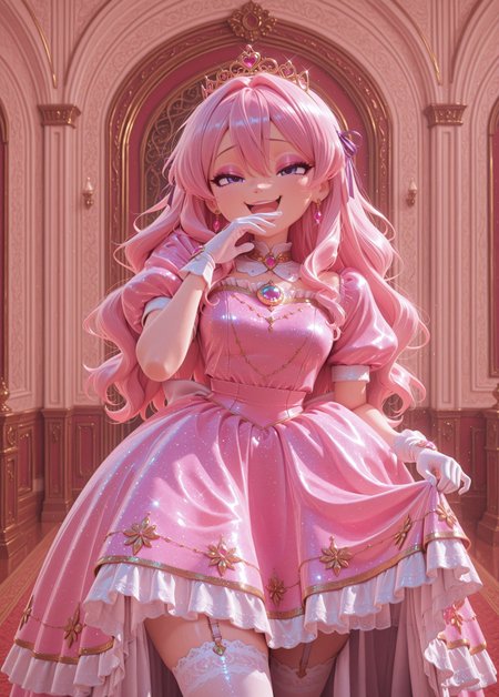 DisneyStudioXL, 1girl, CivChan, pink hair, purple eyes, noblewoman, long hair, wavy hair, hair between eyes, hair ribbon, masterpiece, best quality, absurdres, cartoon, cinematic,
pink princess, dress, pink dress, glitter dress, puffy short sleeves, puffy sleeves, short sleeves, gloves, white gloves, hand jewel, white thighhighs, lace-trimmed thighhighs, garter straps, lace, glitter, sequins, gem-studded, gold trim, crown, gem, brooch, earrings, jewelry, 
lipgloss, eyelashes, eyeshadow, eyeliner, mascara, makeup,
indoors, ballroom, castle, buffet,
solo, cowboy shot, straight-on, standing, ojou-sama pose, laughing, smug, hand to own mouth, open mouth, skirt hold,
intricate, highly detailed, majestic