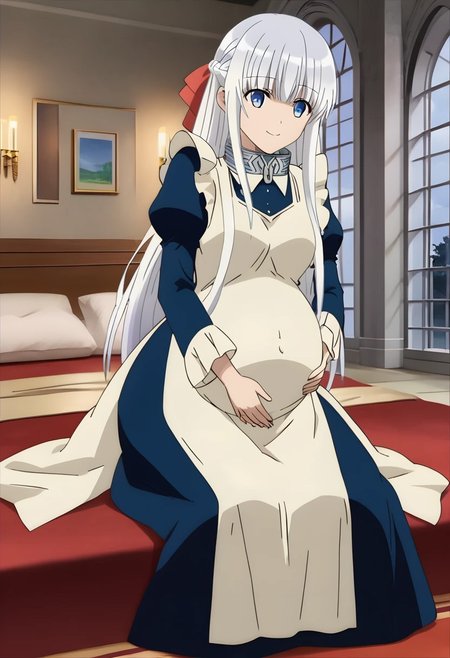 best quality, masterpiece, 4k, perfect lighting, very aesthetic, anime, anime coloring, official art, anime screencap,
bedroom, happy, smile, large pregnant belly, 
sitting, hand on belly,
<lora:Madome - Nephelia SDXL R1:0.8>, Nephelia, dress, maid uniform