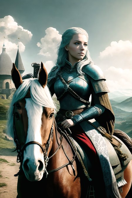 from_below riding horse EvelynNobodySD15 medieval portrait fantasy princess warrior stone castle Game of Thrones dutch angle bright morning light particles (masterpiece) (best quality) (detailed) (8k) (HDR) (wallpaper) (cinematic lighting) (sharp focus) (intricate) (Style-Renaissance:0.5) Style-Witcher3