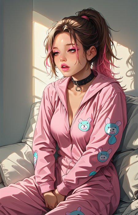 score_9,score_8_up,score_7_up, perfect hands, detailed background, smooth skin, detailed background, ukiyo-e, shiny skin, tiny leather couch, sitting, hand in onesie, masturbate, wide shot, printed onesie,
(1 female), brown hair, pink highlights, high ponytail, detailed hair, large breasts, pale pink lipstick, detailed brown eyes, pink glossy eyeshadow, elongated Eyeliner, leather collar, parted lips
<lora:add-detail-xl:1>  <lora:CORE:1> <lora:GarvGirlsPony:1> <lora:Eyes:00.5>  <lora:S1_Dramatic_Lighting_v2:0.7> s1_dram