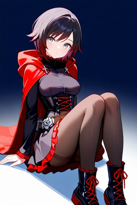 masterpiece, High quality, Ultra detailed, 2d, newest, absurdres, highres, BREAK
1girl, solo, <lora:ruby_rose:0.8>, ruby_rose_(ruby), short hair, black hair, multicolored hair, grey eyes, 
medium breasts, rosedef, long sleeves, black dress, corset, belt, rose, skirt, frilled dress, pantyhose, black footwear, cross-laced footwear, hooded cloak, red cape, 
full body, sitting,