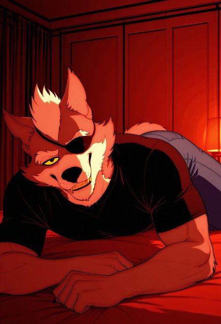 masterpiece, best quality, amazing quality, very aesthetic, absurdres, newest,  high quality, detailed, male, solo male, WolfgangSeamus, broad shoulders, mature male, black eyes, yellow sclera, athletic build, animal ears, wolf, scruffy, anthro male, gray fur, eyepatch on left eye, black shirt, flexing, indoors, grinning, smug, laying down, looking at viewer, on bed, dim lighting, evening, red (theme), blue jeans, thick thighs