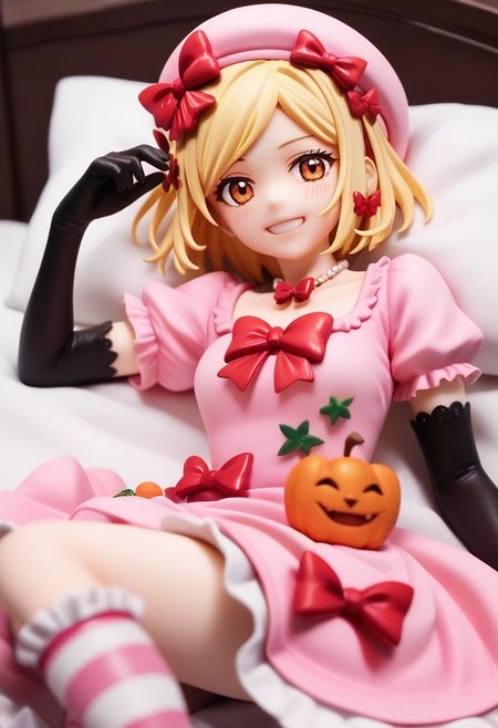 score_9, score_8_up, score_7_up, highres, absurdres, solo, 1girl, blush, smile, looking_at_viewer, Rambda, blonde hair, short hair, orange eyes, hair ornament, necklace, pink hat, pink gown, red bow, short sleeves, elbow gloves, striped kneehighs, lying on bed,