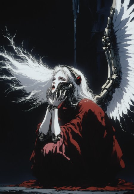 score_9, score_8_up, score_7_up, rating_questionable, D4rkR3troSc1f1, 1girl, g1rl, solo, kneeling, from side, looking up, (hands up, arms raised), head tilted, android body, exposed android joints, white hair, (mechaincal wings:1.2),open mouth, dark background, post-apocalyptic, cityscape