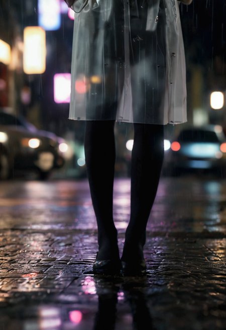 in a city at night, rain, artificial light, puddles