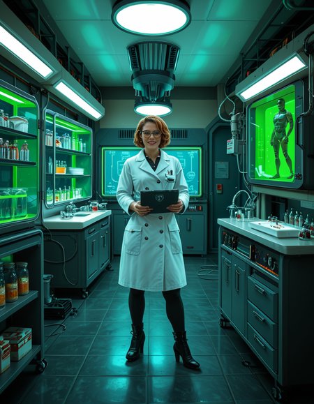 "A hyperrealistic scene of Gordon Freeman in his HEV suit eating lasagna at a retro 90s kitchen table, surrounded by domesticated headcrabs acting like pets, a Vortigaunt washing dishes in an apron, cinematic lighting, absurdity meets realism, surreal textures, intricate kitchen details, nostalgic yet eerie ambiance." looking at viewer,A (woman scientist:1.3),short brown hair, standing confidently in front of a futuristic laboratory,futuristic l4b0r4t0ry, filled with advanced technology and glowing screens. She is wearing a sleek, high-tech lab coat with metallic accents Her posture is upright,gesturing towards a large containment chamber with the other. Inside the chamber, faint outlines of humanoid figures are visible, suggesting the development of super soldiers. The laboratory is illuminated by soft neon lights in shades of blue and green, with detailed machinery, robotic arms, and vials of glowing substances scattered across workstations. The atmosphere is futuristic, clean, and high-tech, with a sense of intense innovation and ambition.<lora:SDXLFaeTastic2400:0.4> <lora:extremely_detailed:0.4> extremely detailed <lora:futuristic_l4b0r4t0ry:1>, Masterpiece,best quality,hi res,8k,hi res,8k,award winning,(sharp focus, intricate, highly detailed),