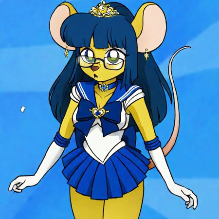 D3w3y,1girl,solo,furry,furry female,mouse girl,mouse ears,long hair,blue hair,sidelocks,blunt bangs,green eyes,glasses,snout,animal nose,buck teeth,body fur,yellow fur,mouse tail, medium breasts,tiara,blue back bow,blue choker,blue sailor collar,blue skirt,bow,blue bow,long back bow,choker,earrings,gloves,jewelry,heart brooch,magical girl,miniskirt,pleated skirt,sailor collar,sailor senshi uniform,leotard,skirt,stud earrings,sleeveless,