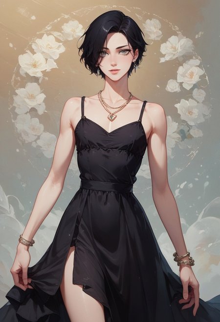 score_9, score_8_up, score_7_up, 1boy, femboy, otoko no ko, short hair, bob cut hair, black hair, grey eyes, gray eyes, feminine face, toned body, Shelly, camisole dress, loose dress, silk dress, black dress, earrings, necklace, bracelet, elegant, flowing, highly detailed, intricate, zzCitronCAT, flirty expression, yandere pose, cowboy shot, looking at viewer, modelshoot, abstract background, solo