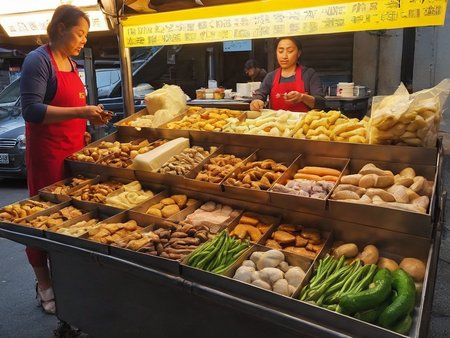 A street food stall manned by an attractive Asian woman, set up along a bustling sidewalk. She is actively preparing or serving food, her appearance reflecting both professionalism and beauty. The colorful and inviting stall displays a variety of local delicacies. Steam or smoke rises from the cooking equipment, adding to the ambiance. The background captures the lively street scene with pedestrians showing interest in the food. The scene should be as realistic as a high-resolution photograph, with natural lighting that highlights the vibrant colors and textures of the food, the authenticity of the street setting, and the allure of the vendor,   <lora:t9m:0.75>