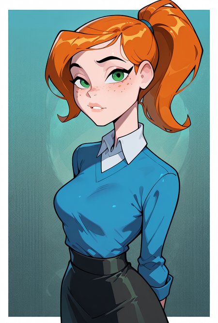 looking at viewer, expressive,   posing,    ,   <lora:ovgwen-10:1> ovgwen, green eyes, orange hair, 1girl, ponytail, freckles, blue jumper shirt, white collar, black skirt,, masterpiece, best quality, amazing quality, very aesthetic, absurdres, newest,, upper body, halftone effect, white borders, abstract background:1.2,