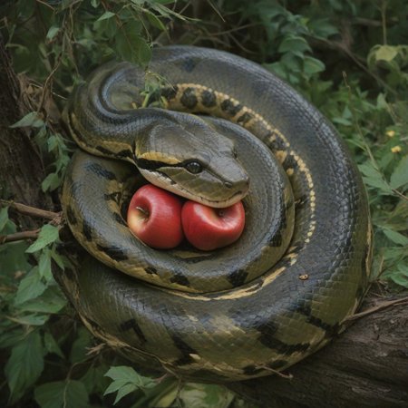 green snake sitting in a tree, biting an apple, tree, branches, bark, leaves, view from above, coiling around apple,
bigasssnek, feral snake, Score_PnyReal,