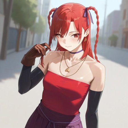 (best_quality, detailed, masterpiece, very_aesthetic, absurdres), general, m.q \(mqkyrie\), (zuharu:0.5)
BREAK
1girl, small breasts, upper_body, adult, ambient occlusion, ray tracing, shiny skin, blurry background, shadow 
BREAK 
sumiresmtnine, red hair, long hair, twin tails, choker, hair ribbon, earrings, necklace, red tube top, sleeveless, black elbow gloves, brown gloves, purple skirt