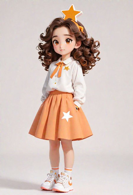 1girl, solo, star \(symbol\), long hair, star hair ornament, shoes, standing, brown hair, curly hair, white background, long sleeves, big hair, brown eyes, full body, simple background, sleeves past wrists, shirt, looking at viewer, blush, bright pupils, hair ornament, white pupils, blush stickers, sneakers, orange footwear, black hair, blue shirt