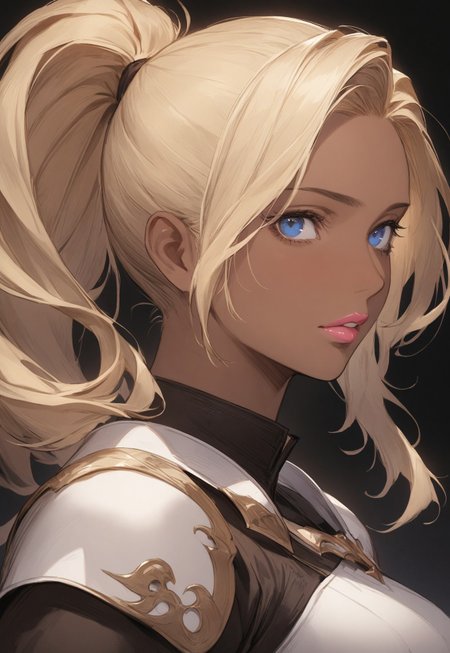 (final fantasy), 1girl,
portrait, upper body, looking at viewer, eye contact, 

mature,  pink lips, archer, ponytail, yellow hair, tan skin, white armor, blue eyes,

black background, masterpiece, best quality