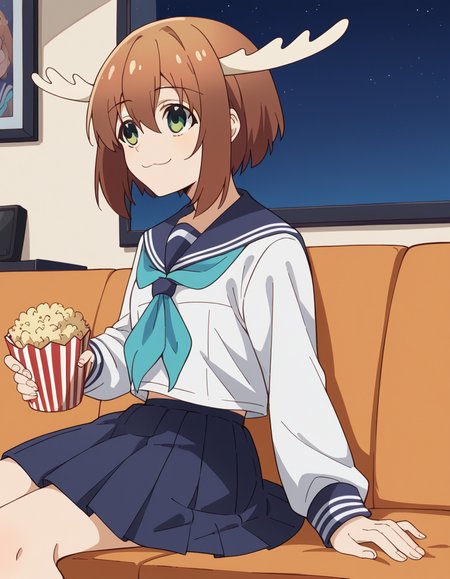 score_9, score_8_up, score_7_up, source_anime, <lora:noko-shikanoko-s1-v2-ponyxl-lora-nochekaiser:1>, noko shikanoko, short hair, bangs, brown hair, hair between eyes, green eyes, horns,, skirt, shirt, long sleeves, school uniform, white shirt, pleated skirt, serafuku, sailor collar, blue skirt, neckerchief, blue sailor collar,, living room, television, couch, popcorn, watching movie, night time, sitting,, , , smile, from side, solo,, cowboy shot, dutch angle