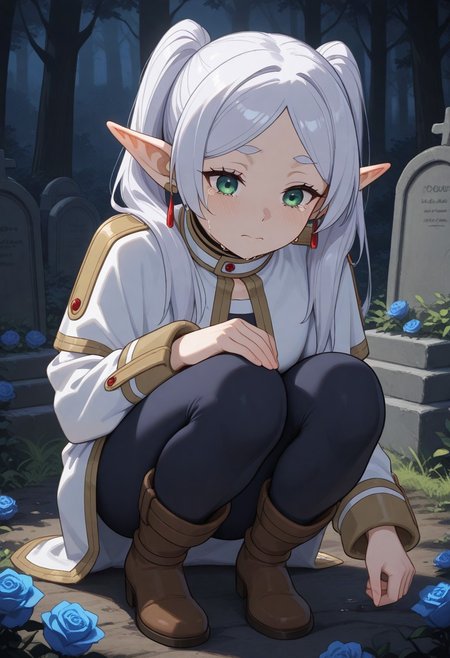 masterpiece, by piaki,  best quality, very detailed, 
1 girl, Frieren \(Sosou no frieren\), white hair, twintails hair, green eyes, small breasts, fully clothed,
Squatting, crying, putting a blue rose on a grave,
Outdoor, graveyard, 
Gravesrone, Picture of himmel \(Sosou no frieren\) on the gravestone,