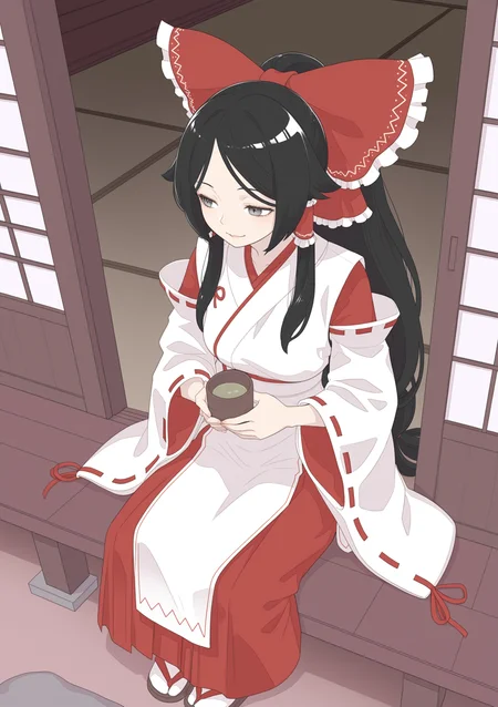 <lora:fdshakureimiko-000009:1>, fdshakureimiko, large_bow, red bow, hair_tube, white kimono, red hakama, ribbon trim, ribbon-trimmed sleeves, zouri, black hair, grey eyes, hakurei shrine, doorway, sitting, holding_cup, (nishiii26miii, kuya_(hey36253625):0.7), <lora:Artist_Kawayabug_art_style-000002ãkawayabug styleã:0.4>, kawayabug style, <lora:Anterdel_IL:0.4>, anterdel,