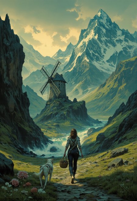 8k high quality digital painting , masterpiece, very detailed, ultra realistic, (best quality) very detailed epic masterpiece, 
unearthly beautiful, a breathtakingly beautiful landscape in the French Alps, in the foreground a woman carries a basket under her arm to a windmill on a path, a dog follows her, the low sun casts long shadows, enchanting landscape, fairytale-like, calm romantic mood, flowers in the foreground, realistic